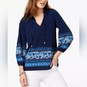 Michael Kors Sunny Batik Navy Print Bishop Sleeve Blouse